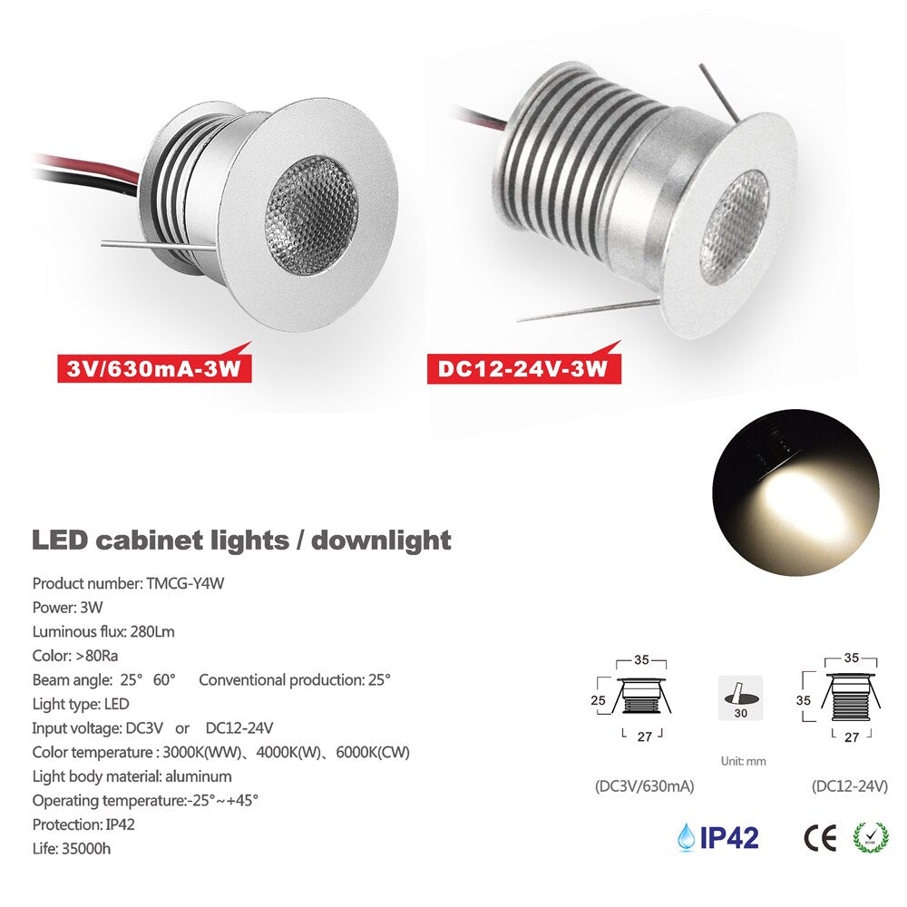 Super Bright 3W LED Spotlight With Chip DC12V-24V/3V Input 30mm Cutout Recessed DownLight Cabinet Lighting 9pcs CE list