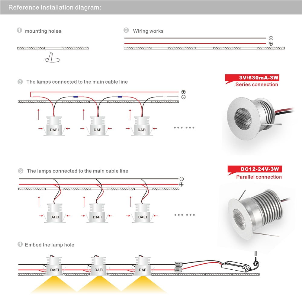Super Bright 3W LED Spotlight With Chip DC12V-24V/3V Input 30mm Cutout Recessed DownLight Cabinet Lighting 9pcs CE list