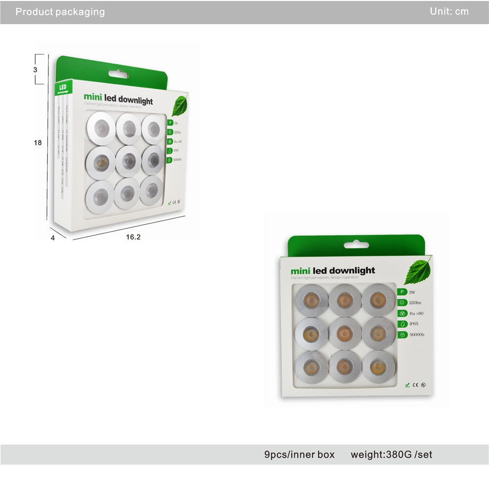 Super Bright 3W LED Spotlight With Chip DC12V-24V/3V Input 30mm Cutout Recessed DownLight Cabinet Lighting 9pcs CE list