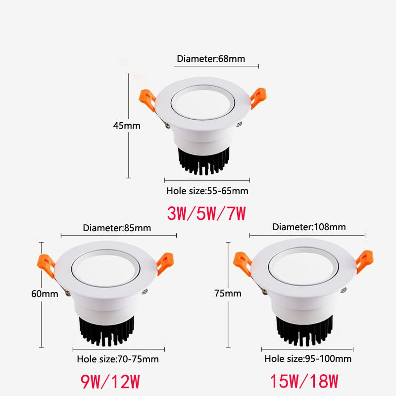 Dimmable AC90V-260V 3W 5W 7W 9W 12W 15W 18W LED Downlights Epistar Chip COB Recessed Ceiling Lamps Spot Lights For Home illumination