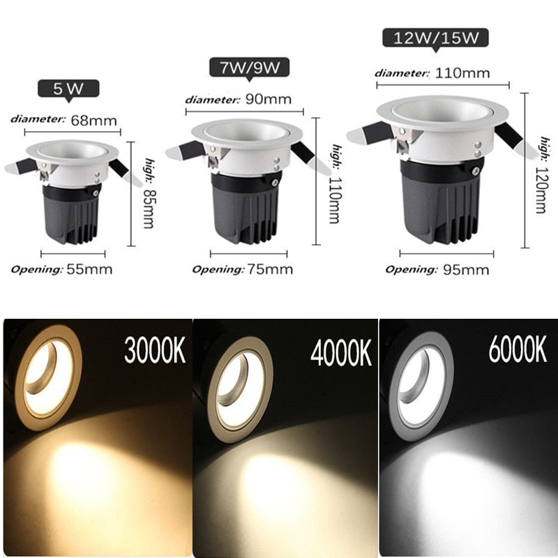 Led spotlight deep anti-glare without main light commercial embedded downlight wall washer for living room 5W 7W 9W 12W 15W COB ceil