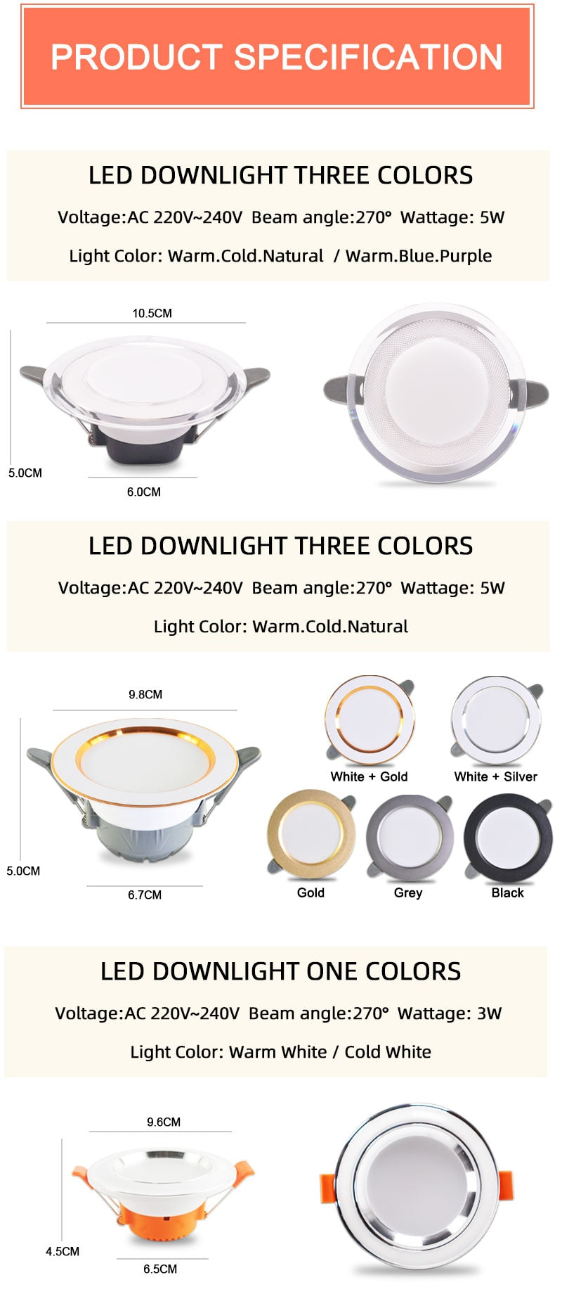 Downlight 3W 5W led Downlight 3000k 4500K 6000K AC220V-240V recessed led downlight Kitchen living room Indoor recessed downlight