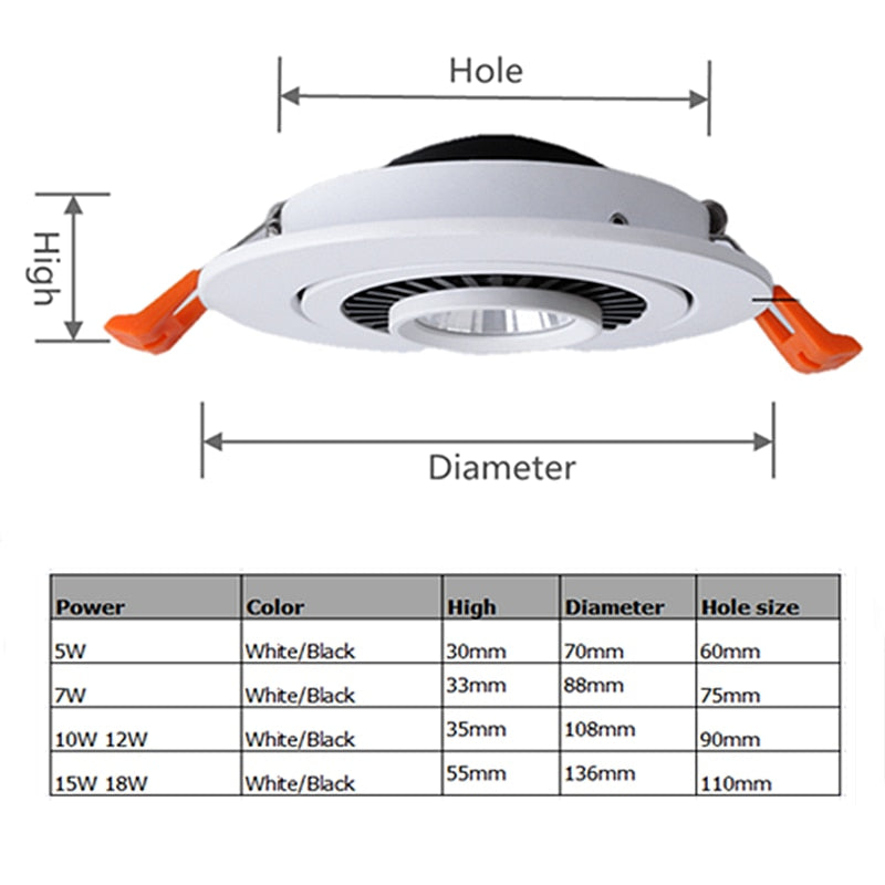 Rotatable Angle LED Recessed Downlight 5W 7W 10W 15W 18W LED Ceiling Spot Light AC 110V 220V Black/White Housing Light