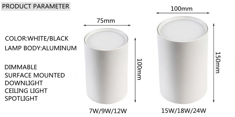 Dimmable Surface Mounted Aluminum LED Downlights 7W 9W 12W 15W 18W 24W Chip COB Ceiling Spot Lights AC85~265V home renovation