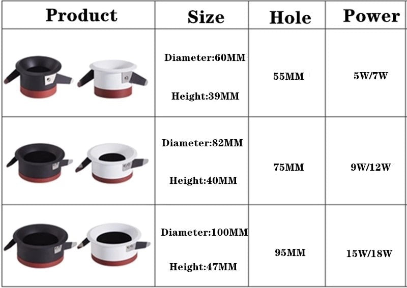 Dimmable Anti Glare Spot light  5W 7W 9W 12W 15W/18W ceiling lamp Recessed led light LED Downlight for living room aisle light