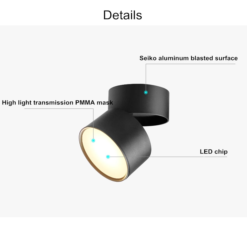Dimmable and rotatable folding ceiling light 7W 12W 18W AC85V-285V LED surface mounted downlight astigmatism track light