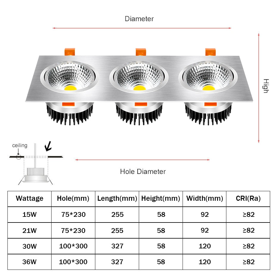 DBF High CRI 3 Heads Square LED Recessed Downlight Dimmable 15W 21W 30W 36W Ceiling Spot Light 3000K/4000K/6000K Home Decoration