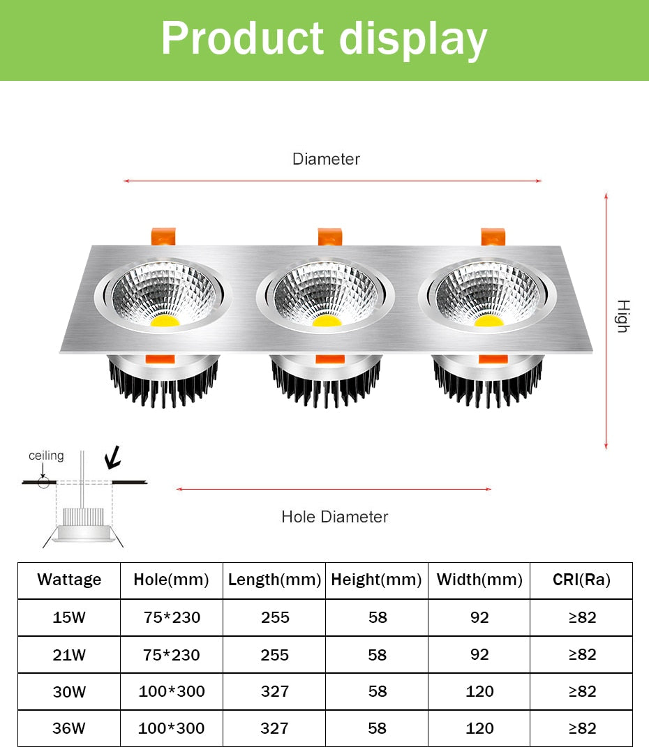 DBF High CRI 3 Heads Square LED Recessed Downlight Dimmable 15W 21W 30W 36W Ceiling Spot Light 3000K/4000K/6000K Home Decoration