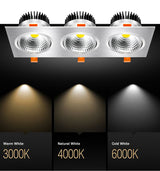 DBF High CRI 3 Heads Square LED Recessed Downlight Dimmable 15W 21W 30W 36W Ceiling Spot Light 3000K/4000K/6000K Home Decoration