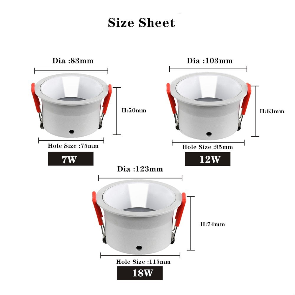 Led Downlights 220v 110v Dimmable Anti Glare Led Ceiling Lamp 7W 12W 18W Recessed led lamp Round Led Light LED Spot Lighting