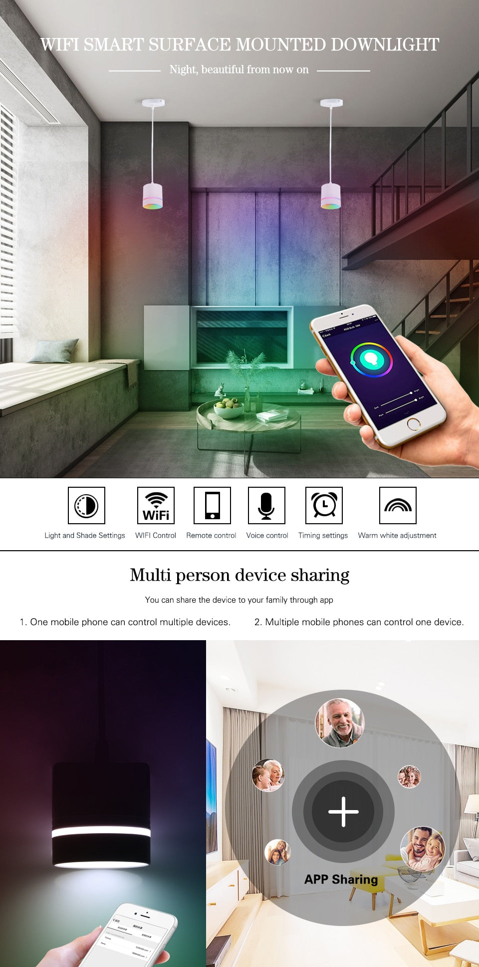 LED Smart Downlight Chandelier RGB+WW+CW Smart Life Tuya APP WiFi Voice Control Indoor Light 9W 110V-220V