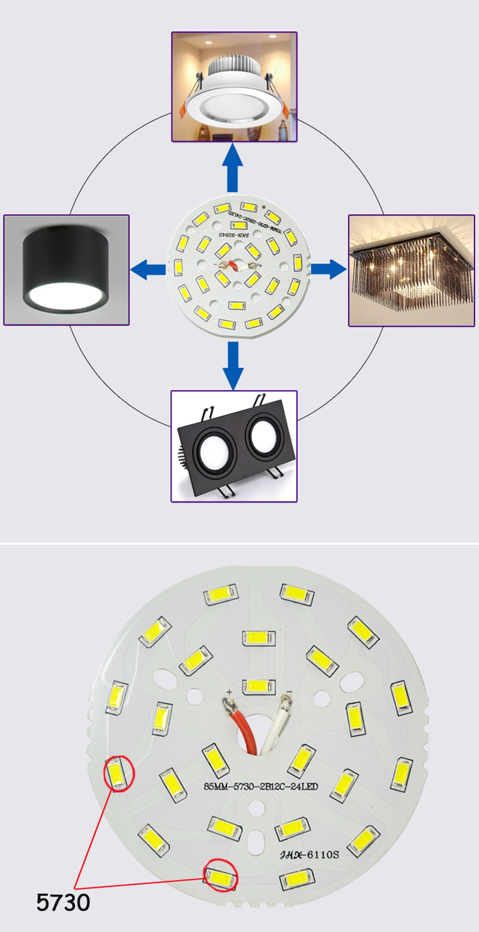 LED Downlight 3W 5W 7W 12W 18W 24W 5730 SMD Light Board Led Lamp Panel For Ceiling Downlight + AC 100-265V LED power supply driver Dimmable
