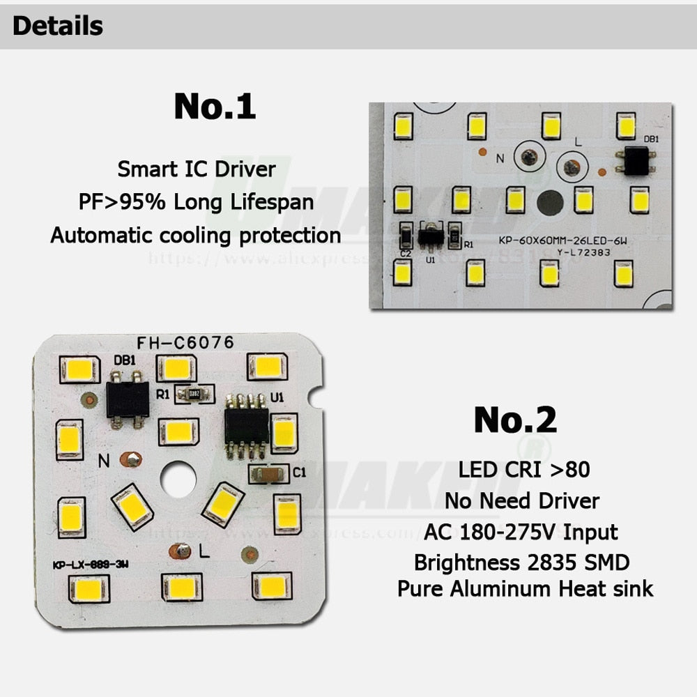LED PCB 3W 6W 12W 5pcs/lot AC220V LED Downlight Module Aluminum plate White/Warm SMD2835 Smart IC Driver For Spotlight Lamps DIY