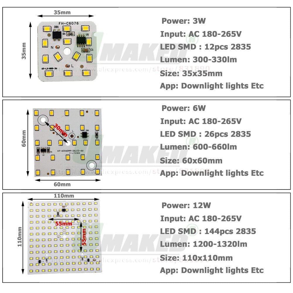 LED PCB 3W 6W 12W 5pcs/lot AC220V LED Downlight Module Aluminum plate White/Warm SMD2835 Smart IC Driver For Spotlight Lamps DIY