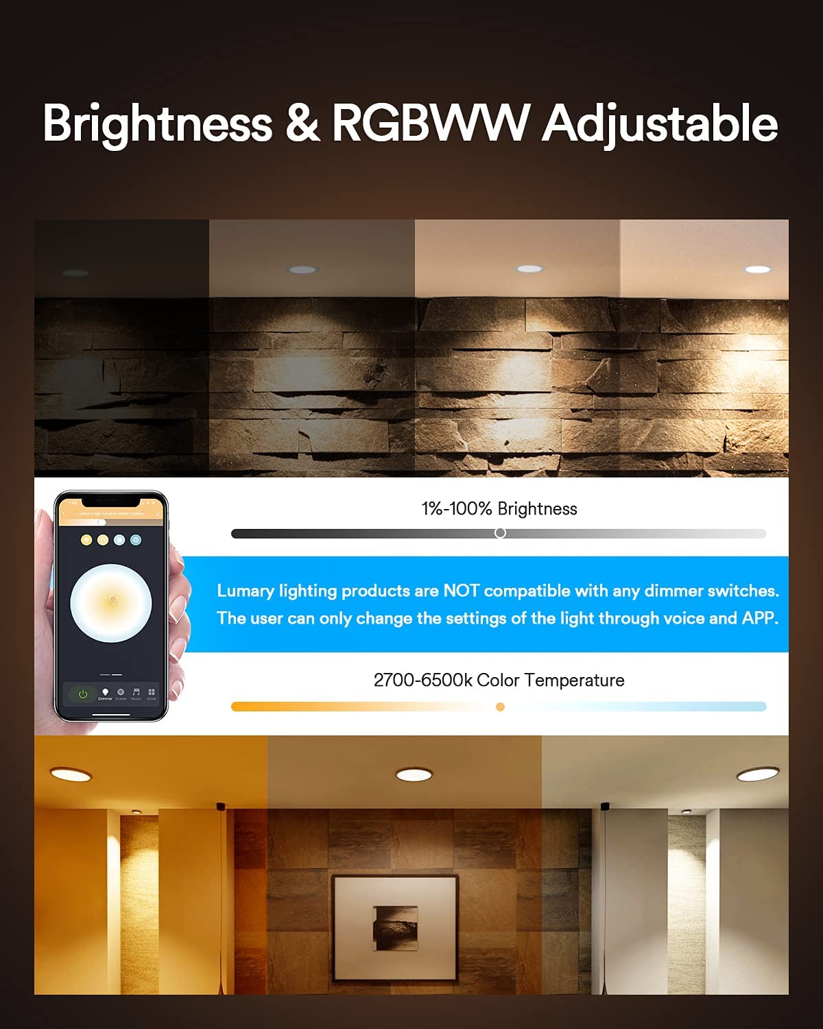 Recessed LED Ceiling Light Smart Downlight WiFi Recessed Light Round Spot Light 6 in 12W Slim Recessed Light with E27 Interface