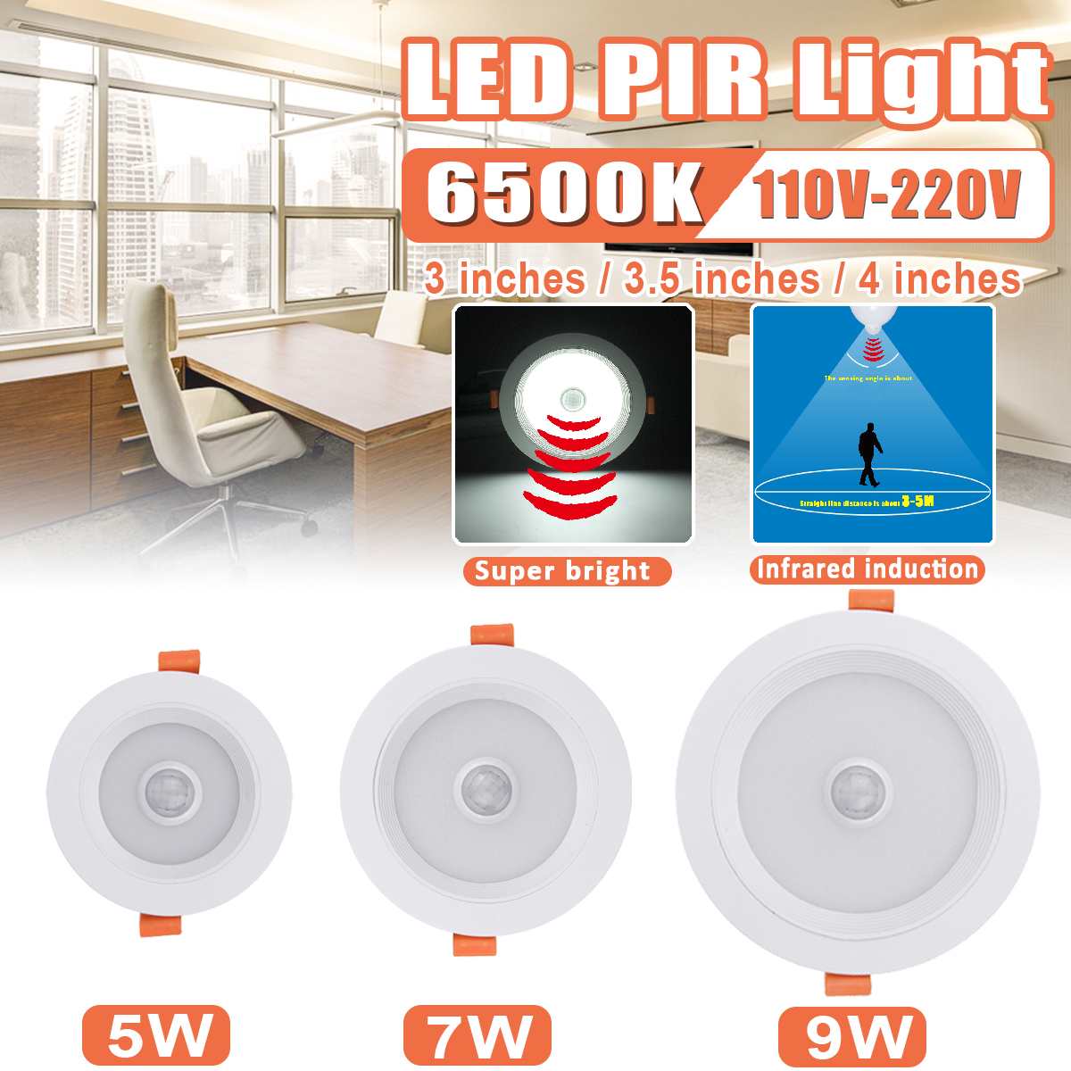 Round LED Recessed Downlight 5W/7W/9W 6500K LED Spotlight Ceiling Downlight With PIR Motion Sensor Indoor Lighting 110V-220V