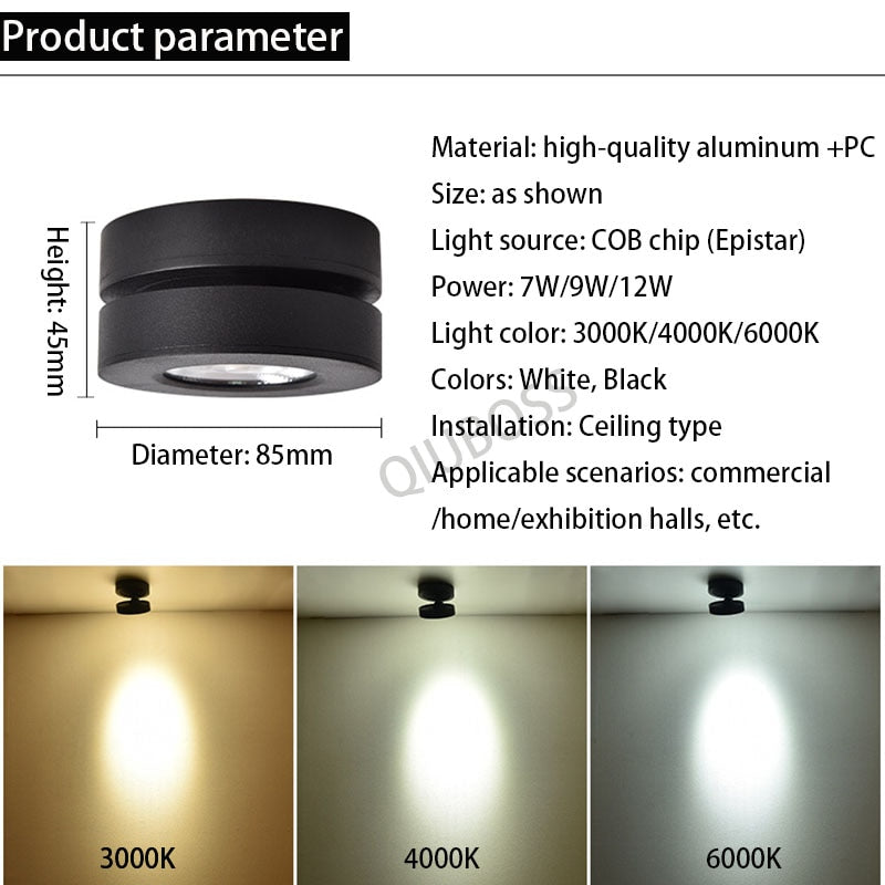 Folding Square LED Downlight COB 7W/9W/12W Surface Mounted LED Ceiling Lamp AC90~260V 355 Degree Rotation Spotlight Indoor Lamp