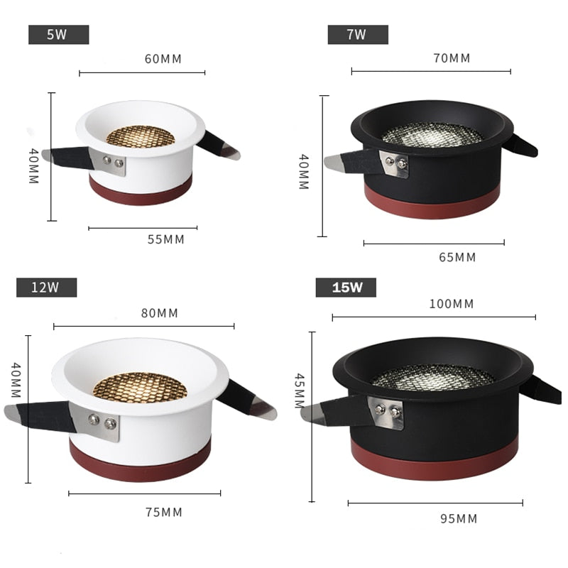 Home lighting Dimmable LED ceiling spotlights honeycomb nest anti-glare lens embedded LED downlight 5W 7W 12W 15W