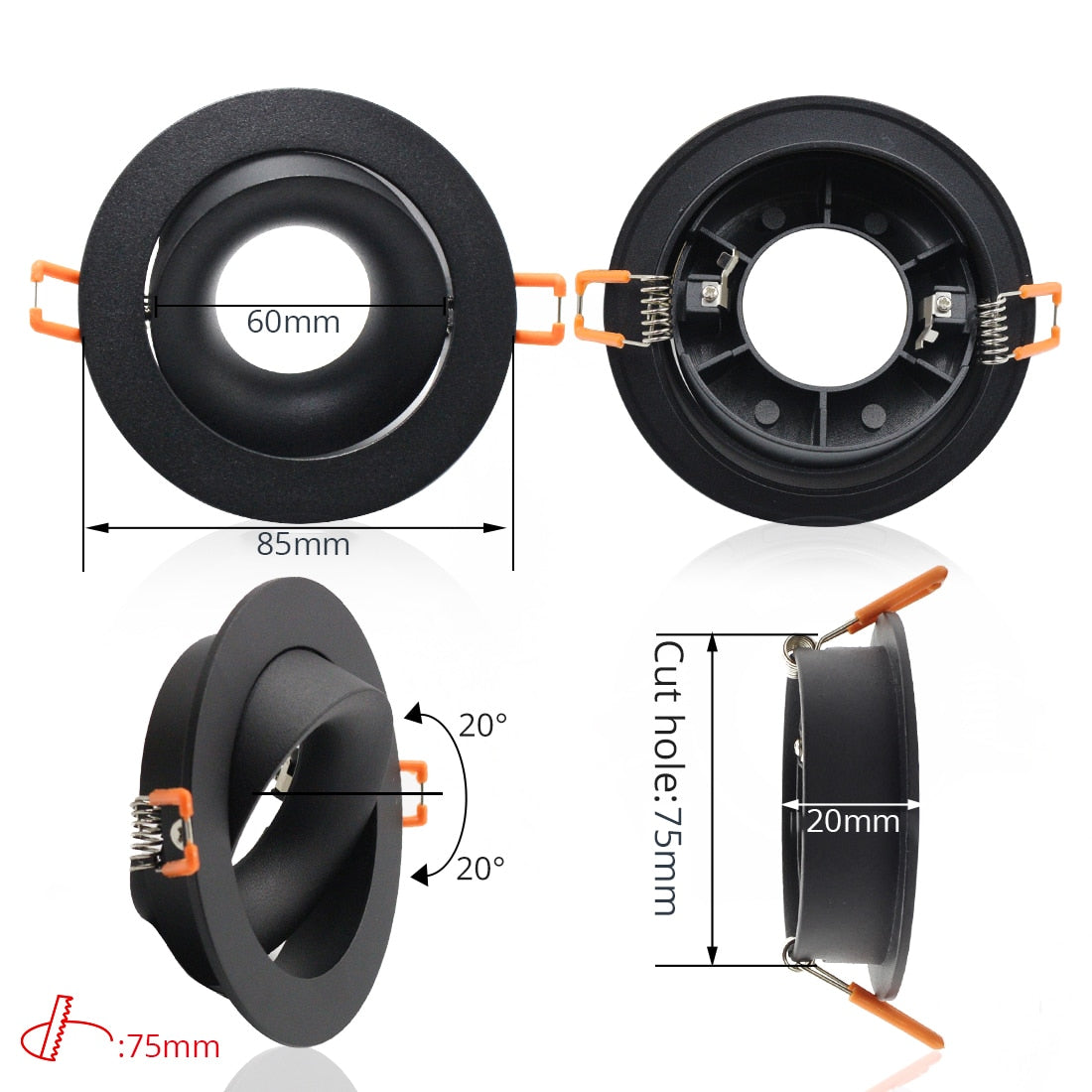 LEDIARY Black Spot LED Downlights Fitting 90-265V Recessed Ceiling Lamp Frame GU5.3 GU10 E27 Bulb Changeable 75MM 90MM Cut Hole