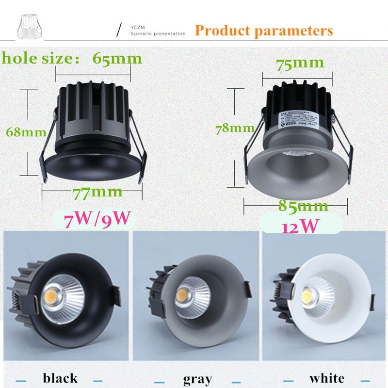 Hoge Kwaliteit Ronde Dimbare Recessed Led Downlights 7W 9W 12W Cob Led Plafond Lamp Spot Verlichting AC110-220V indoor Verlichtin
