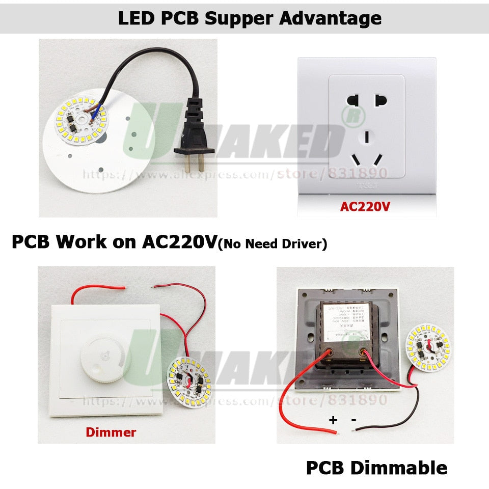 AC220V LED Module 3W5W 7W 9W 12W 15W 18W Downlight PCB Aluminum plate Tinned 20cm Cable SMD2835 Smart IC Driver Ceiling Lamp DIY