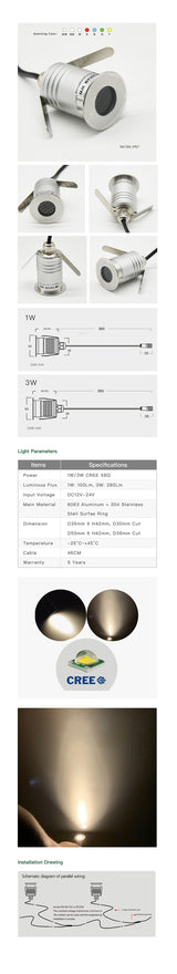 IP67 Spot Light 1W 3W 12V 24V Mini LED Light Emitting Grille Lighting for Outdoor Garden Bathroom Sauna Ceiling Downlight
