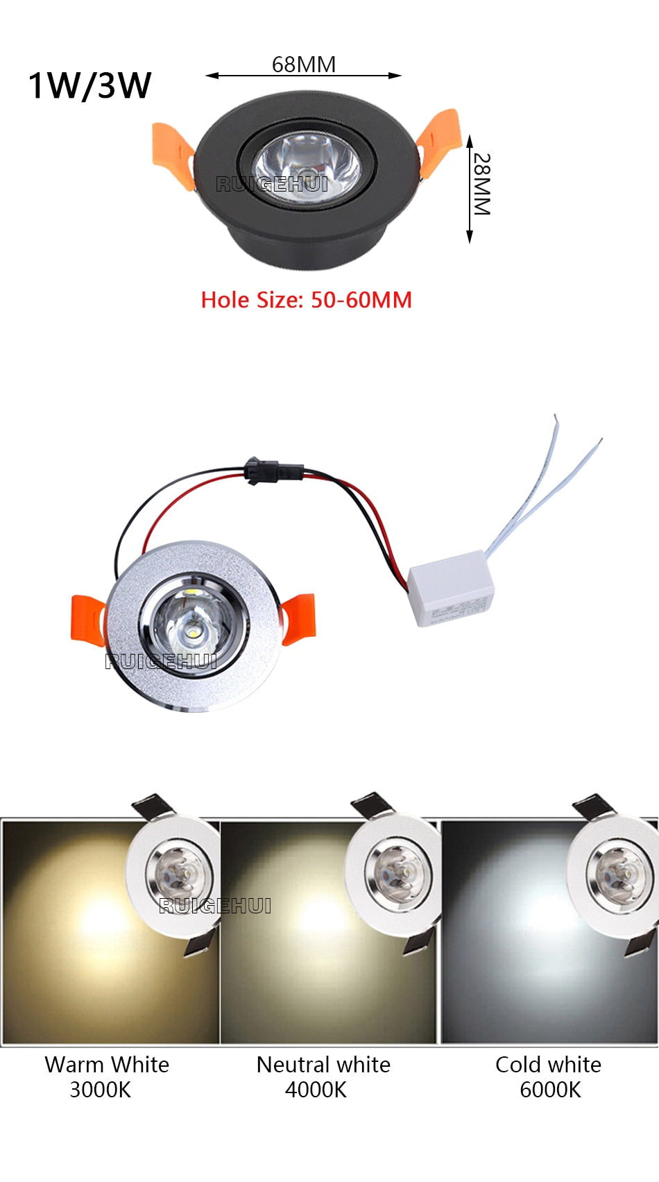Aluminum Round LED Dimmable Ceiling Downlight 1W 3W AC90-260V DC12V Recessed LED Spot Light Led Bulb Cutout 50mm With Driver