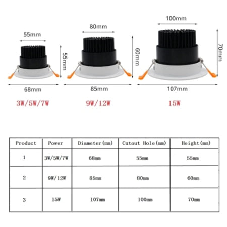 ACETIDE Recessed Dimmable LED Ceiling Light Lamp 3W/ 5W/ 7W/ 9W /12W/ 15W Round COB Spotlight LED Downlights AC85-265V