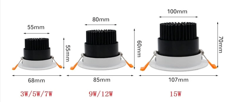 ACETIDE Recessed Dimmable LED Ceiling Light Lamp 3W/ 5W/ 7W/ 9W /12W/ 15W Round COB Spotlight LED Downlights AC85-265V