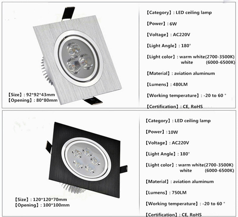 Dimmable Square led downlight 6w 10w 14w 12V 220V recessed cabinet bulb square spotlight ceiling led driver for home decoration