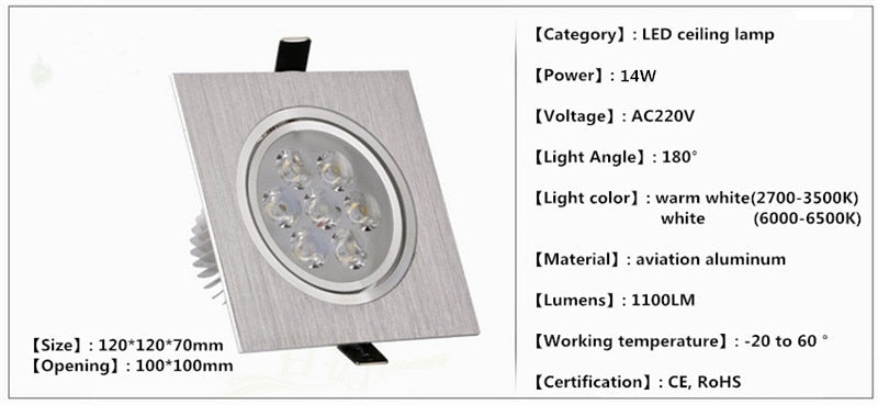 Dimmable Square led downlight 6w 10w 14w 12V 220V recessed cabinet bulb square spotlight ceiling led driver for home decoration