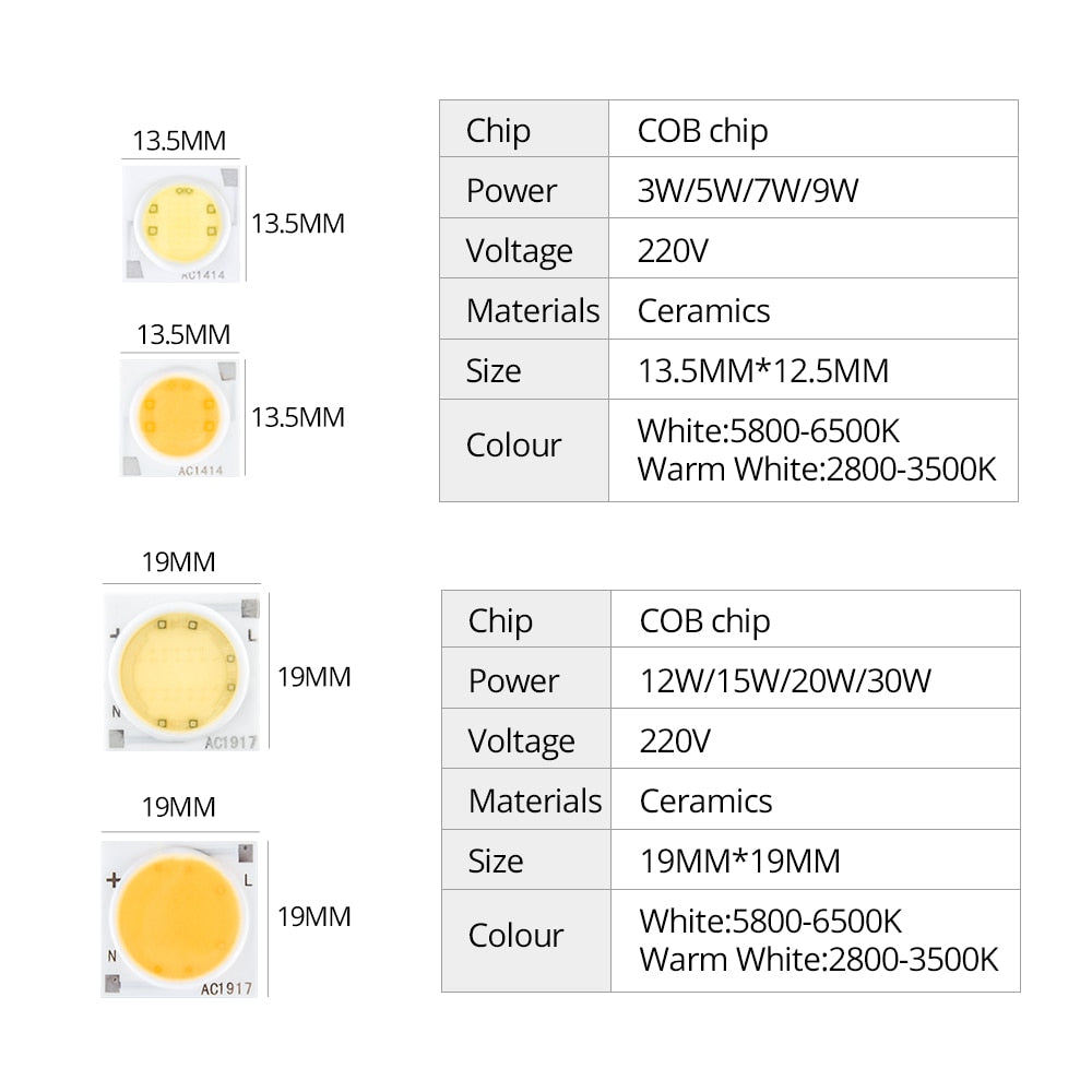 Samrt IC Ceramics LED Chip Lamp 3W 5W 7W 9W 12W 15W 20W 30W 220V COB LED Matrix Diode Array Floodlight Spotlight Downlight Bulb