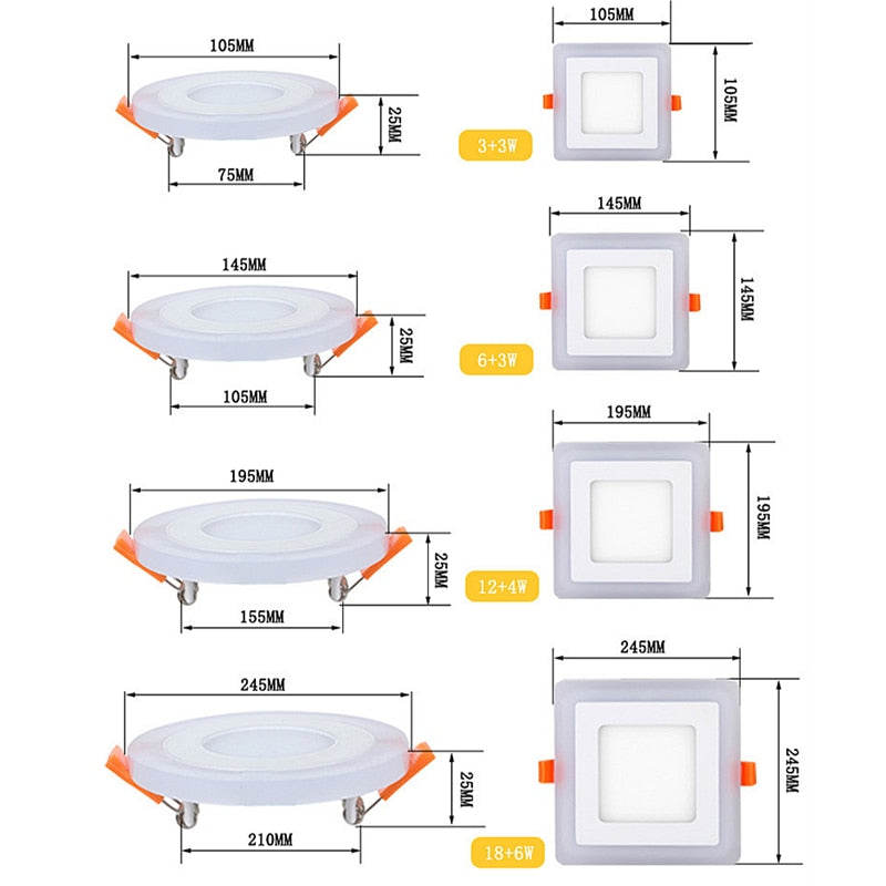 Double Color LED Panel Light Recessed Round/Square Dimmable Downlights 6W 9W 16W White+Blue/RGB Ceiling Spot Lighting AC85-265V