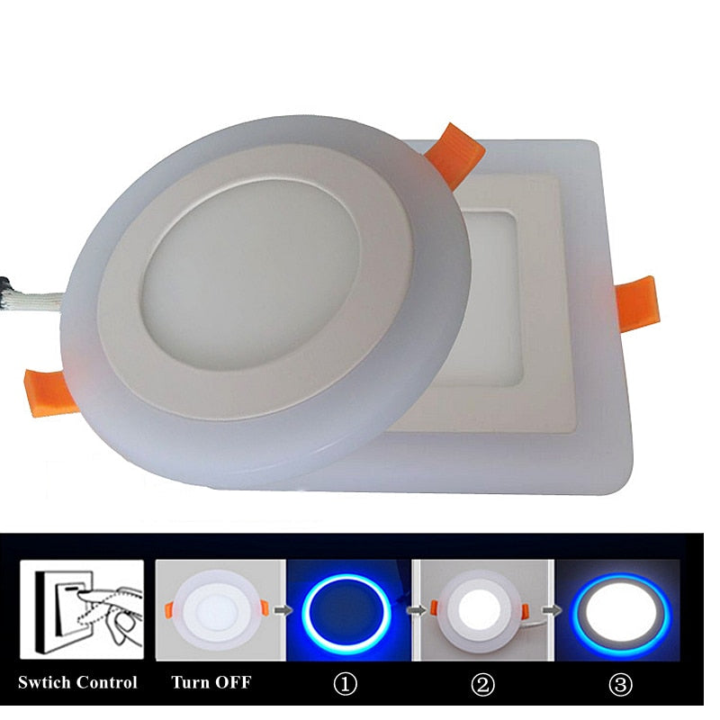 Double Color LED Panel Light Recessed Round/Square Dimmable Downlights 6W 9W 16W White+Blue/RGB Ceiling Spot Lighting AC85-265V