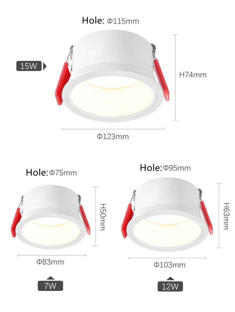 Round Anti-Glare Led SMD2835 Recessed Downlights 7w 12w 15w Dimmable 110v 220v Ceiling Lamp Spotlights for Indoor Lighting