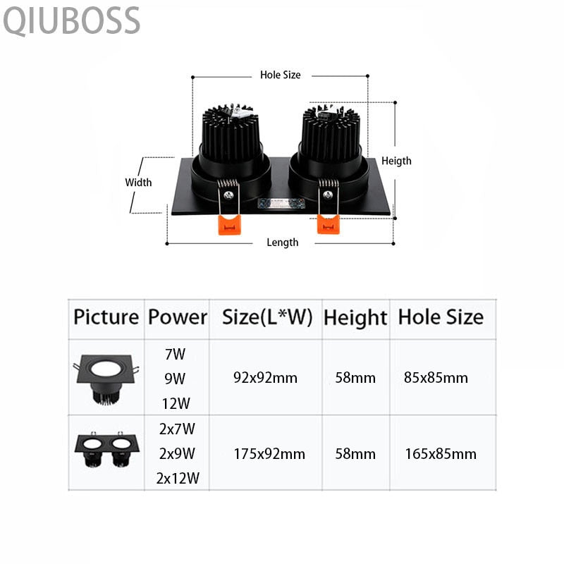 Square Dimmable LED Downlight Recessed LED Ceiling Spotlight 7W/9W/12W/14W/18W/24W AC90~260V Indoor Lighting