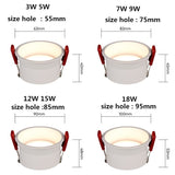 led cob recessed downlight 3w 5 7 12 15 18 white round led ceiling spot light