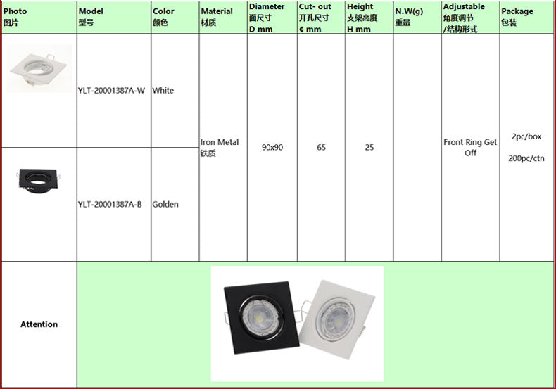 Square Metal Black Recessed LED Ceiling Light Frame MR16 GU10 Bulb Fixture Downlight Holder GU10 Spot Light Fitting