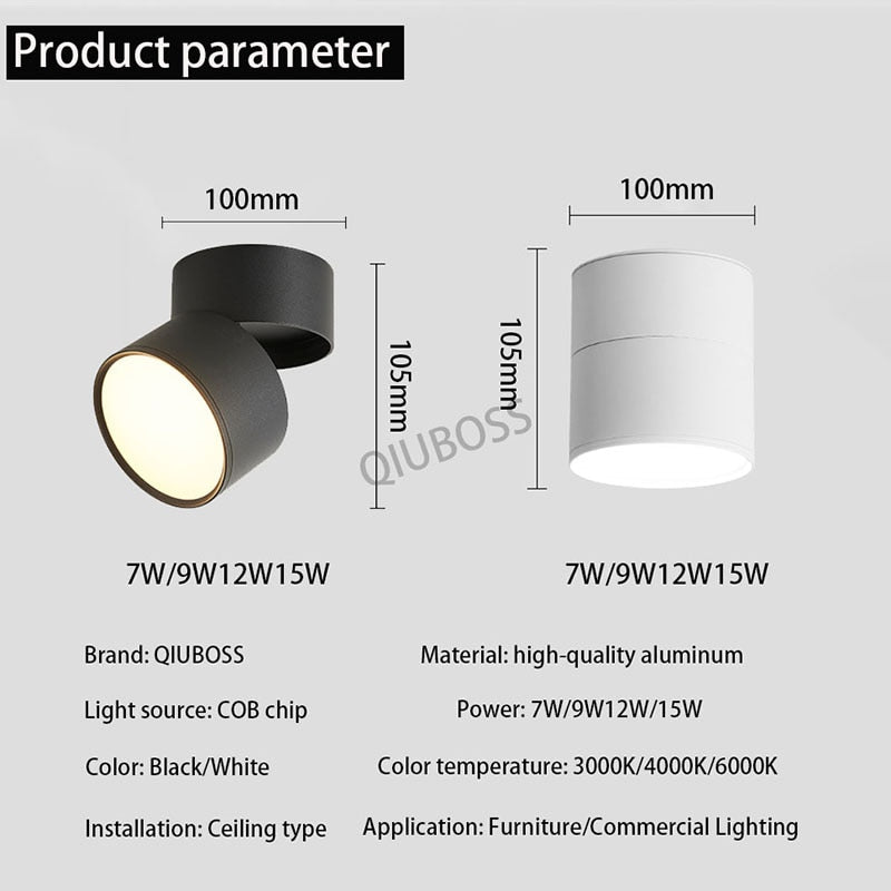 QIUBOSS Dimmable LED Surface Downlights 220V for Livingroom 15W LED Ceiling Spotlights COB Background Lighting Lamp for Bedroom