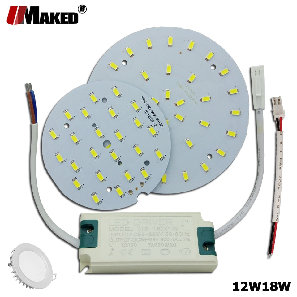 LED PCB+ Driver Kits 1/5sets 12W 18W LED Downlight Aluminum Heatsink SMD5730 110lm/w Round Light Source For Panel Ceiling lamps