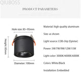 Round Foldable LED Recessed Downlights 5W/7W/9W/12W/15W COB Dimmable LED Ceiling Spotlight Background Lamps for Indoor Lighting