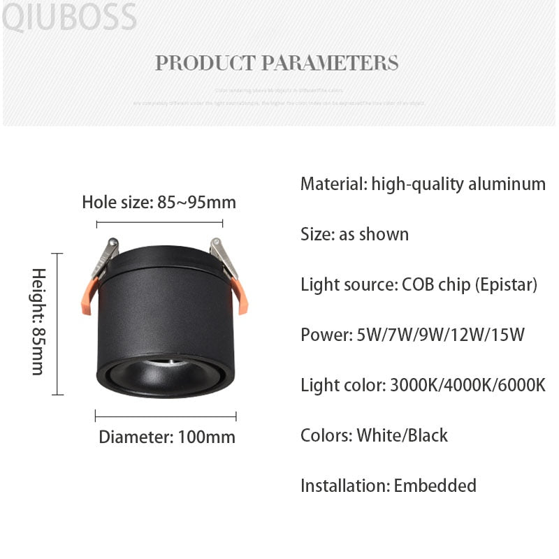 Round Foldable LED Recessed Downlights 5W/7W/9W/12W/15W COB Dimmable LED Ceiling Spotlight Background Lamps for Indoor Lighting