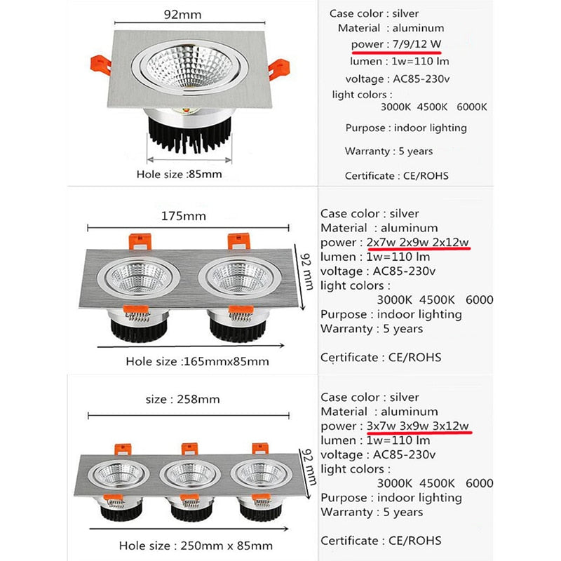 Super Bright LED Recessed Ceiling Lamp Square Downlight COB 7W 12W 24W 36W LED Spot light decoration led light AC 110V 220V