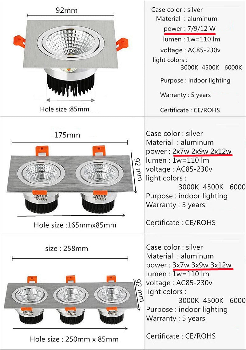 Super Bright LED Recessed Ceiling Lamp Square Downlight COB 7W 12W 24W 36W LED Spot light decoration led light AC 110V 220V