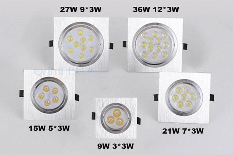 Bombillas Embedded Square LED Downlights Dimmable 110V 220V lamp 9W 15W 21W 27W 36W 3W High Power chip LED Ceiling Spot Light