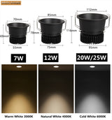 Dimmable LED Recessed Downlight 7W 12W 20W 24W Round COB Spot light AC85-265V Color 3000K 4000K 6000K For Indoor Ceiling Lamp
