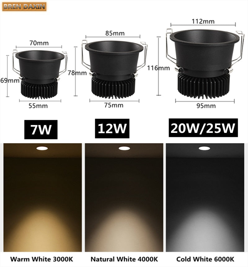 Dimmable LED Recessed Downlight 7W 12W 20W 24W Round COB Spot light AC85-265V Color 3000K 4000K 6000K For Indoor Ceiling Lamp