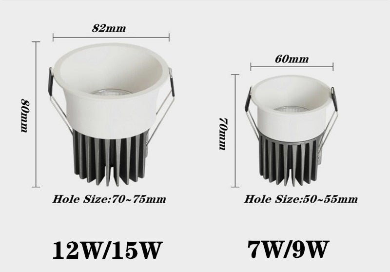 Super Bright Anti Glare Recessed Dimmable COB LED Downlights 7W 9W 12W LED Ceiling Spot Lights AC85~265V Background Lighting