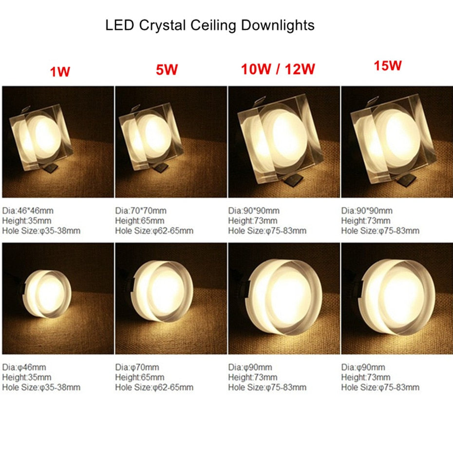 DVOLADOR Round 15W 10W 5W 1W LED Crystal Downlight LED Ceiling Spot Light Warm White/White LED Recessed Lamp for Home Decoration