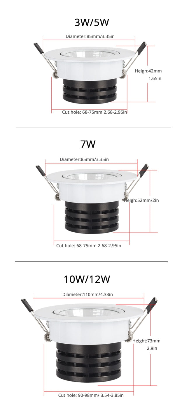 Hot sale 3W 5W 7W 10W cob led downlight dimmable recessed lamp home led epistar spot led kitchen 110v 220v